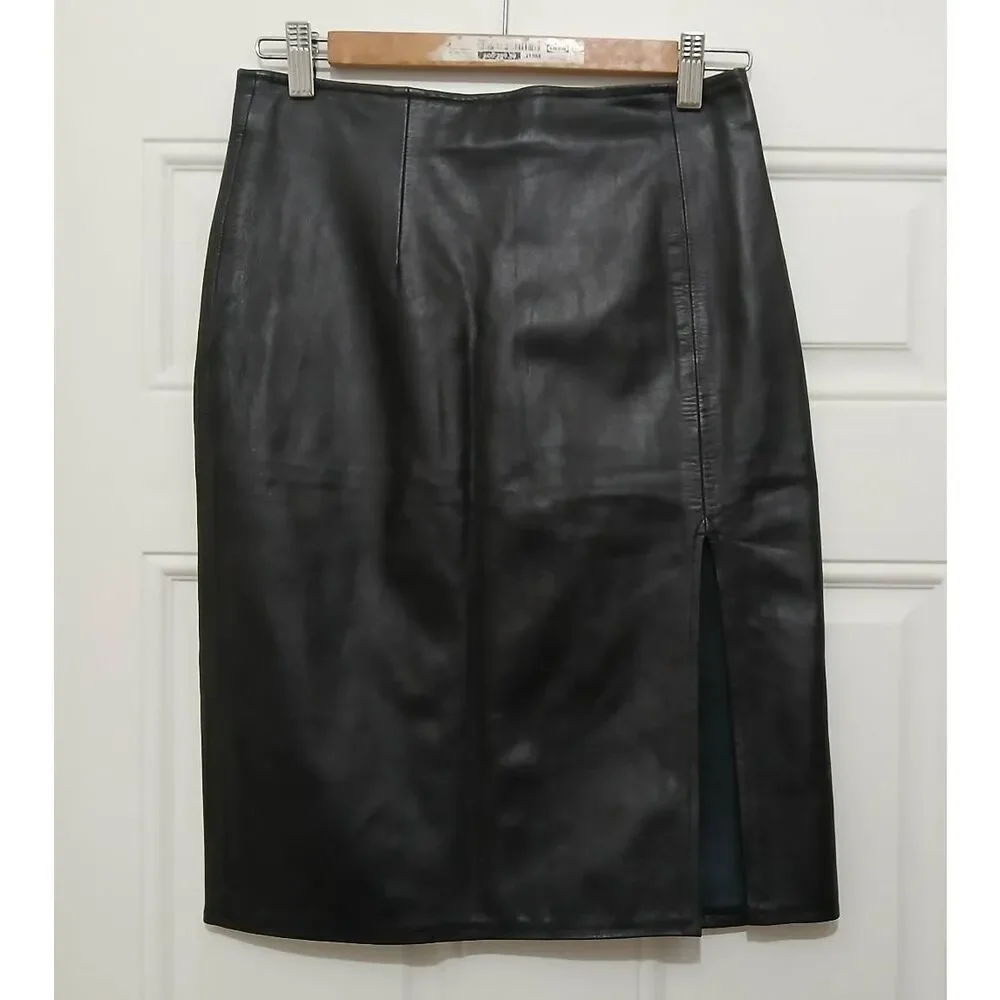Madras women size small 28 waist Italian leather pencil skirt black split front